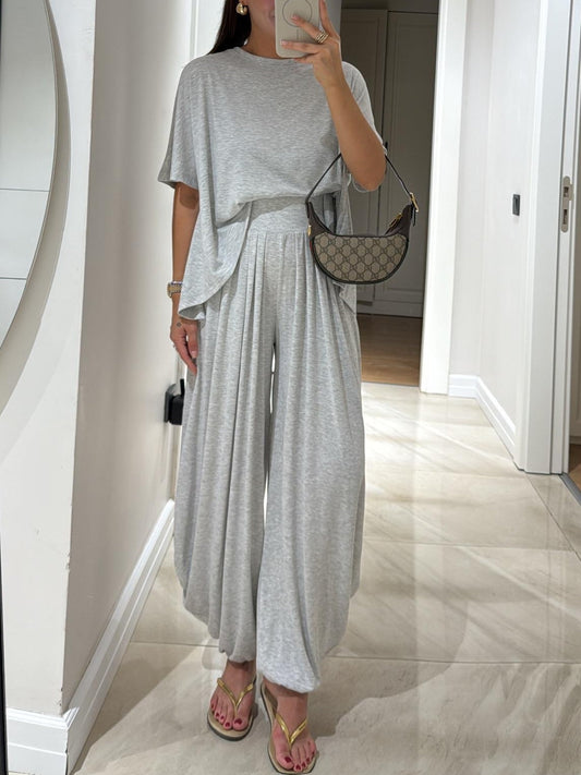 EMILY | LIGHT GREY CASUAL TOP AND WIDE-LEG PANTS SET