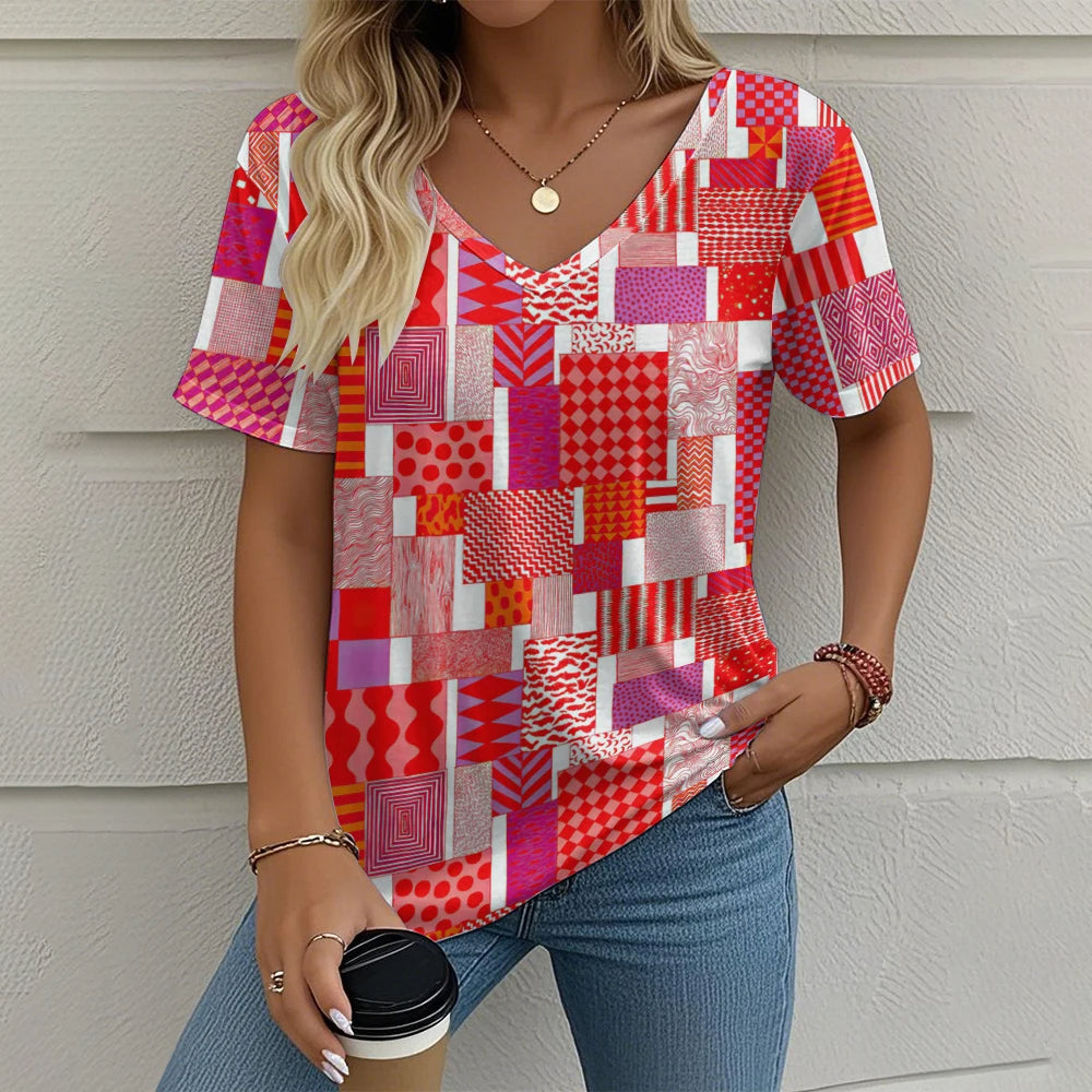 Selena – Vibrant Women’s Abstract V-Neck Blouse