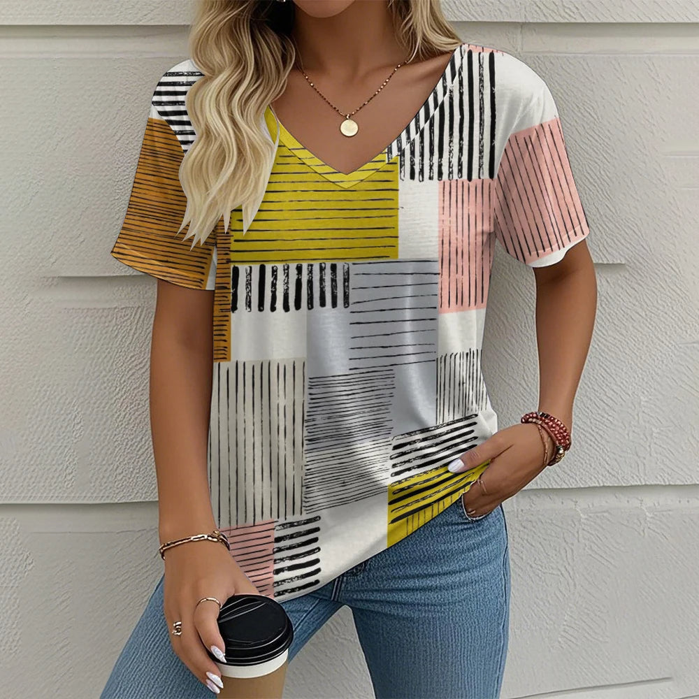 Selena – Vibrant Women’s Abstract V-Neck Blouse