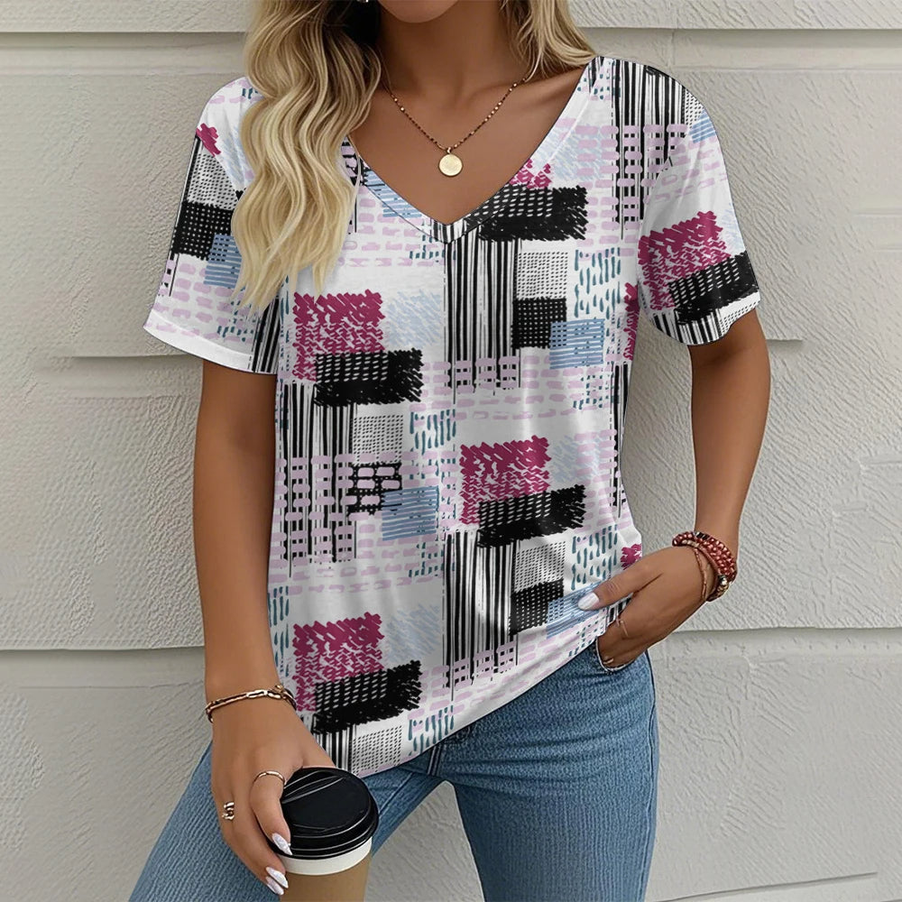 Selena – Vibrant Women’s Abstract V-Neck Blouse