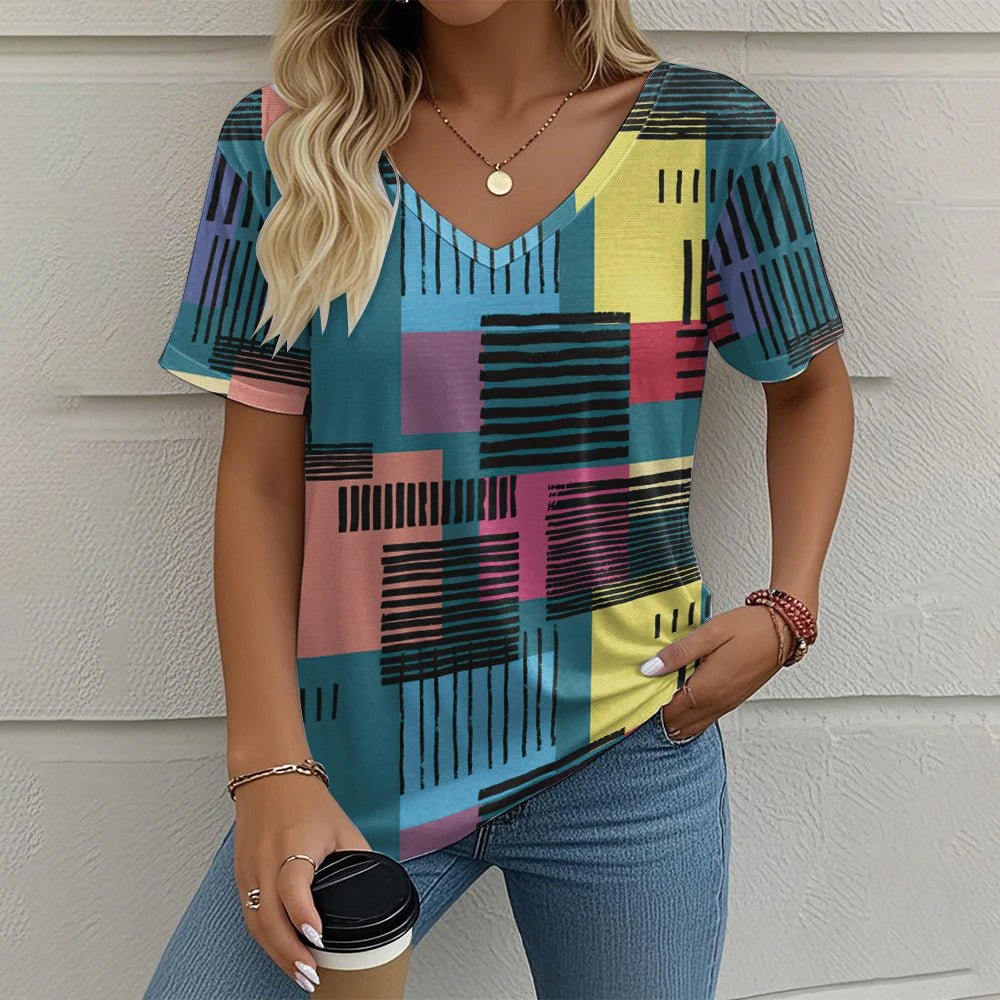 Selena – Vibrant Women’s Abstract V-Neck Blouse